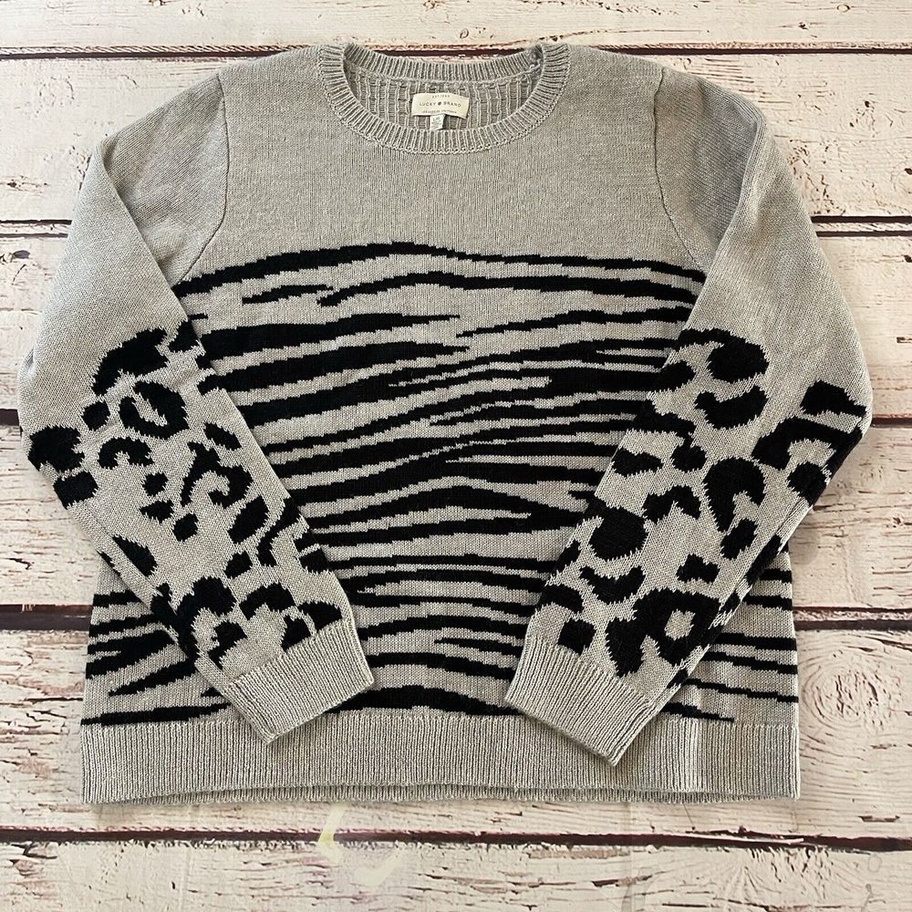 Lucky Brand Women's Mixed Animal-Print Sweater Gray Size Large Cozy